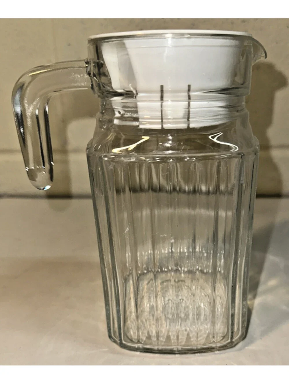 Vintage ARC Glass Small 16 oz Ribbed Pitcher With White Lid